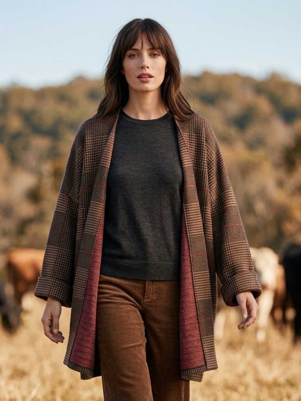 Twik Brown Plaid Open-Front Cardigan with Burgundy inside